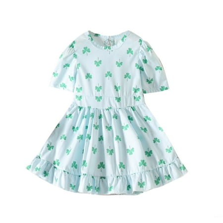 

ASEIDFNSA Little Girl Dress Flag Dress for Kids Toddler Girls Short Sleeve St. Patric.K S Day Floral Printed Ruffles Princess Dress