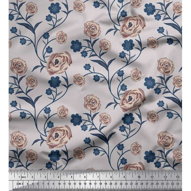 Soimoi Tissu Popeline de Coton Feuilles & Roses Imprimé Floral 1 Yard 42 Pouces de Large