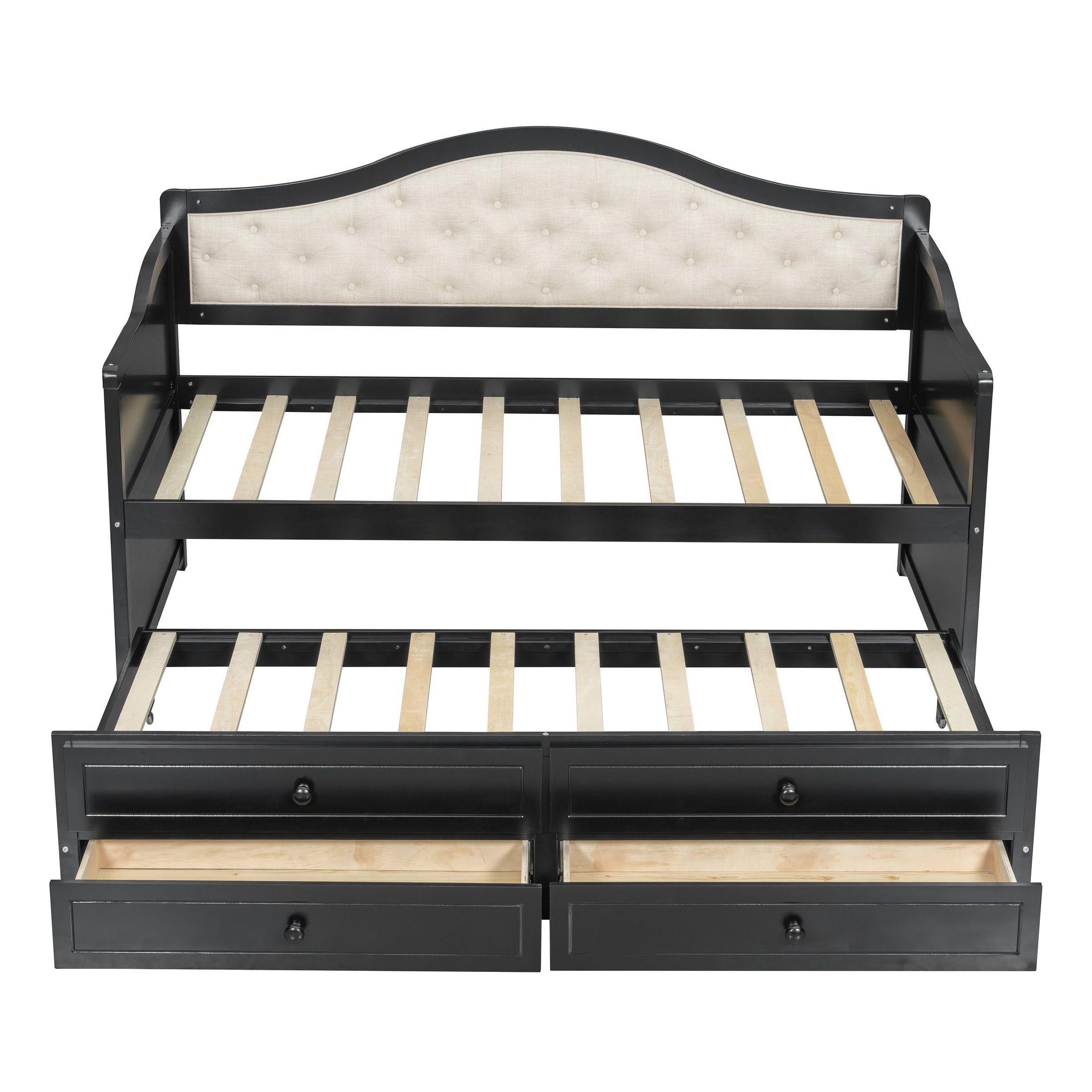 Noble House Twin Daybed with Trundle, 2 Storage Drawers, Upholstered Tufted Backrest, Black