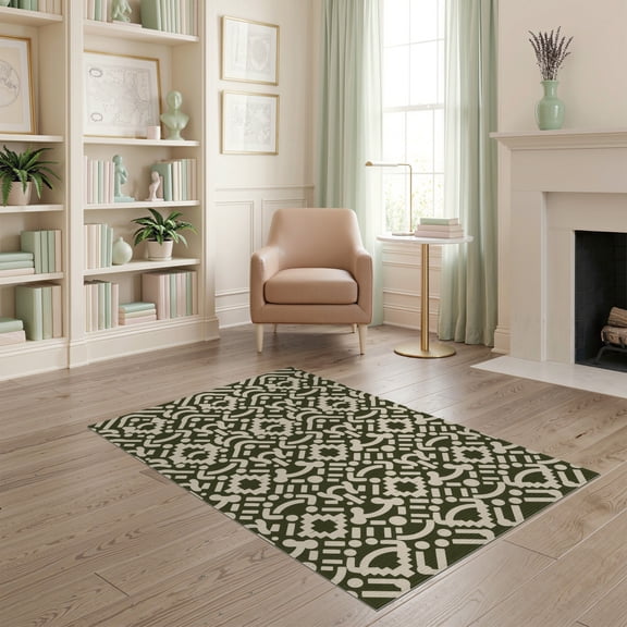 ODIKA 4'x6' Olive Green Geometric Elegance Washable Area Rug Intricate Bordered Design with Modern Flair Pet Friendly, Non-Shedding for Bedroom, Reading Nook