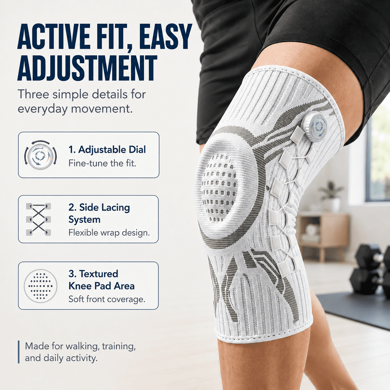 PeakFlex Knee Sleeve with Dial Fit System & Dual Side Stabilizers, Adjustable Compression Knee Support for Men & Women, Breathable Non-Slip Knee Brace for Running, Basketball, Gym, Hiking