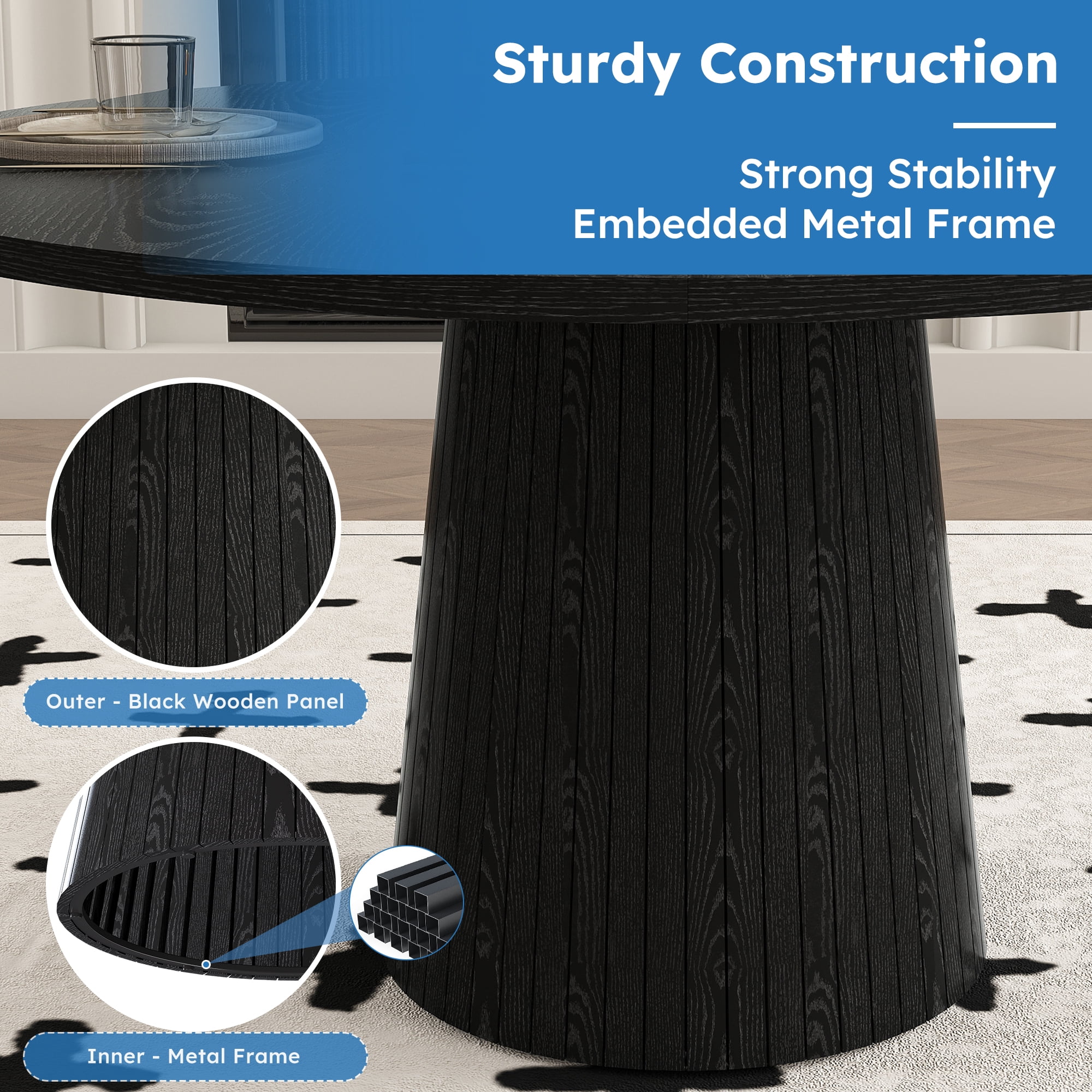47 in Round MDF Dining Table for 4, Modern Farmhouse Kitchen Table with Wood Strip Base, Black
