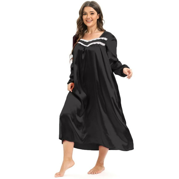 Women's Plus size Nightdress Vintage Lace Imitation Silk Long Sleeve ...