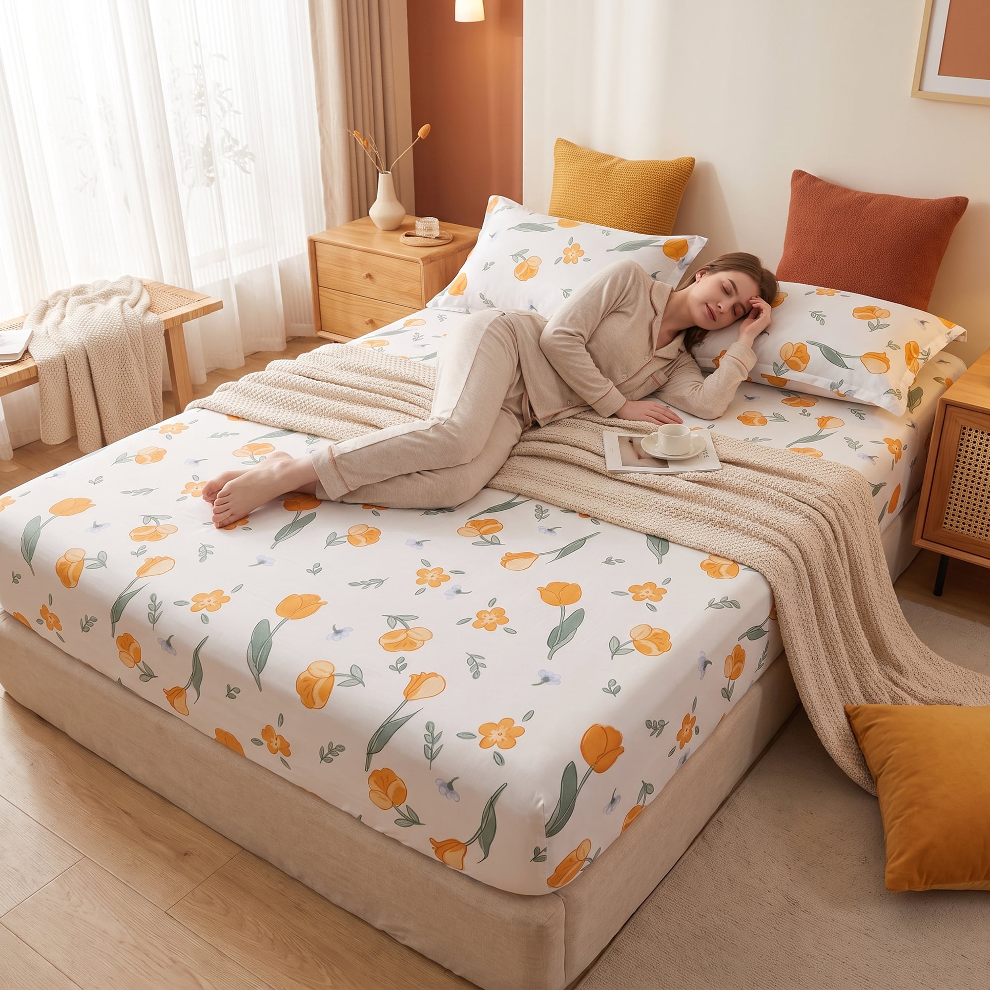 Unique Bargains Fitted Sheet Polyester Bed Sheets for Comfortable Sleep 39.0"x74.8" Orange