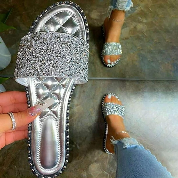 Mujeres Glitter Bling Fancy Slide Flat Low Wedge Casual Moda Sandalias Zapatos Wmkox8yii hj789