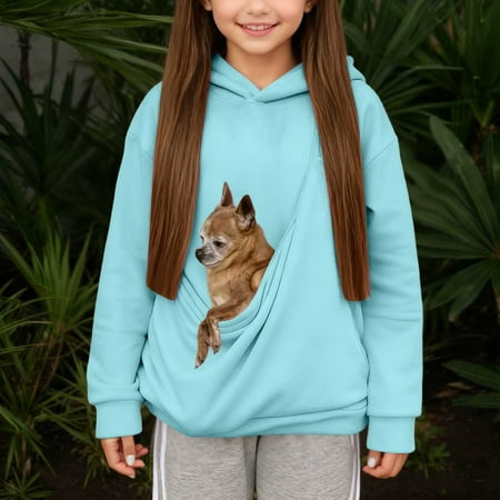 XDZJLR Kids Hoodie Tops Girls Sweatshirts Puppies Cats Shoulder Straps Pockets Long Sleeve Hooded Sweatshirts Hoodies Sky Blue 9-10 Years