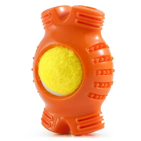 Bone Pet Toy - Pet Toys for Dogs by Fluffy Paws Pet Tennis Ball Squeaky Dog Toy with Textured Fat Bone Squeaky Rubber Clean Teeth Massage Gums Pet Toy IQ Training Playing and Chewing - Orange