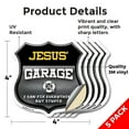 thumbnail image 2 of Jesus's Garage I Can Fix Everything But Stupid (5 Pack) 4 inch X 4 inch Shield Shaped Heavy Duty 3.2 mil Vinyl Decals To last, Gift for Dads and Uncles Classic Americana Crafted in the, 2 of 6
