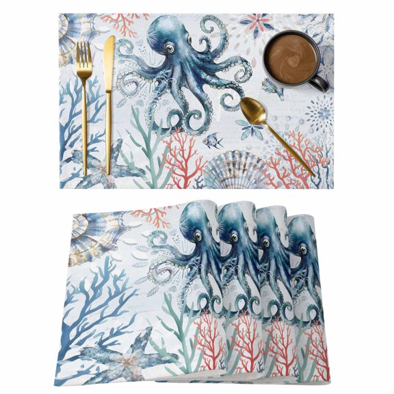 Ocean Octopus Placemats Set of 4, Summer Coastal Coral Flower Shells Placemats for Dining Table, Place Mats for Kitchen Tabletop, Waterproof Wipeable Dining Table Mats Set