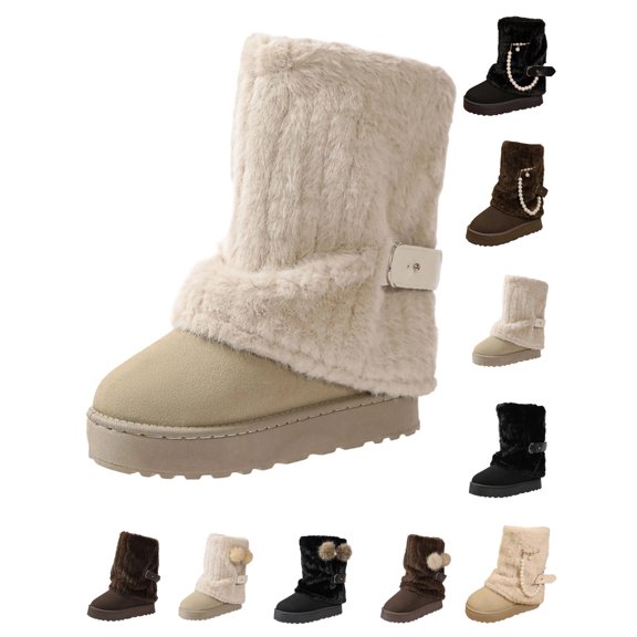Women Winter Boots Fur Lined Fashion Mid Calf Boots for Women Warm Fuzzy Boots Comfortable Womens Snow Boots Pull On Thick-Soled Boots