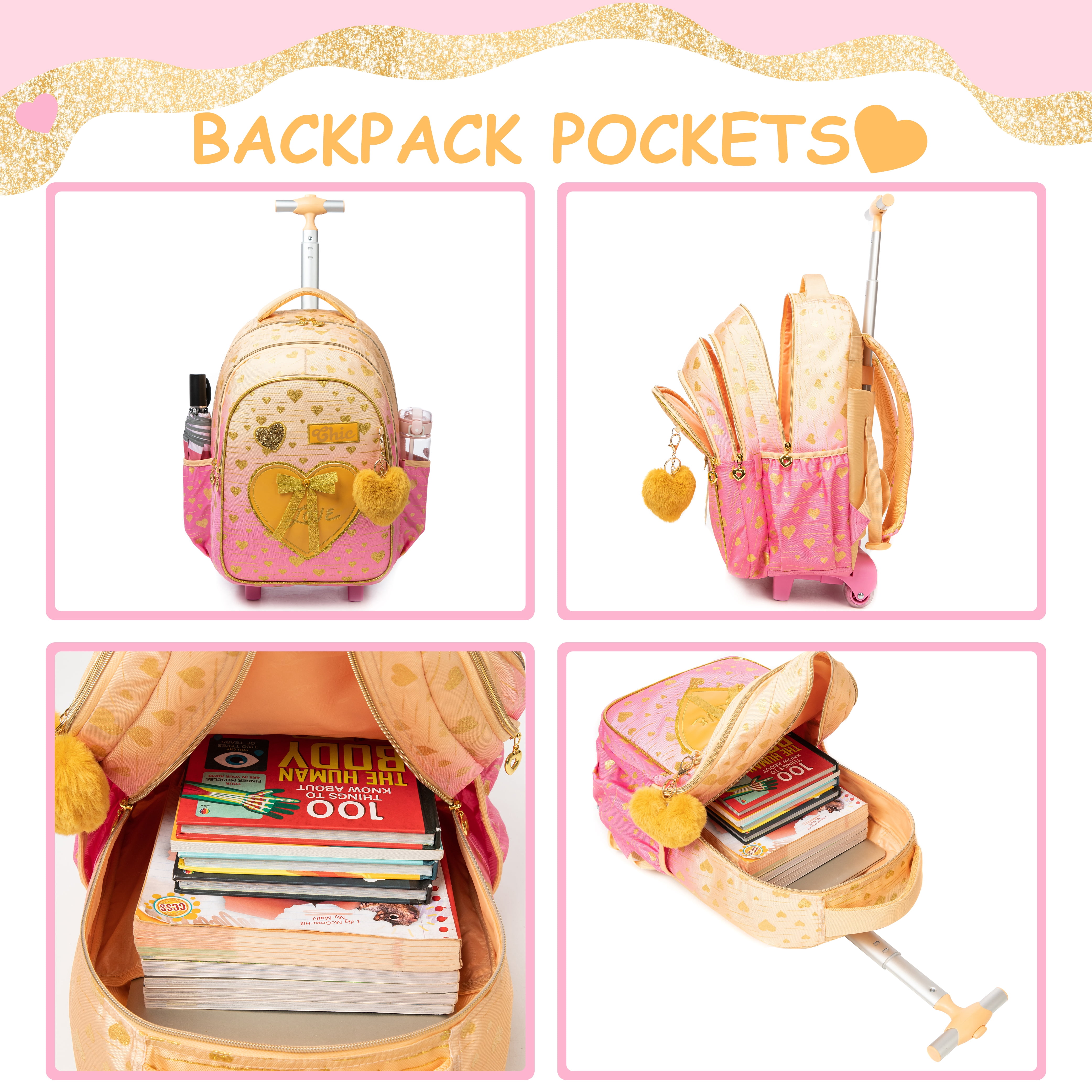 Kids Rolling Backpack for School Girls with Wheels Wheeled School Bags Girls Backpacks with Lunch Bag Pencil Case Ages 8-10