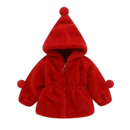 

Honeeladyy Toddler Girls Solid Color Thicken Plush Cute Keep Warm Winter Hoodie Hairball Thick Coat Cloak Red