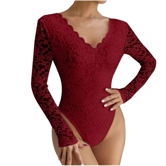 WMTBSRSW Women's Long Sleeve Bodysuit Floral Lace V Neck Bodysuit Top Backless Going Out Leotard Tops