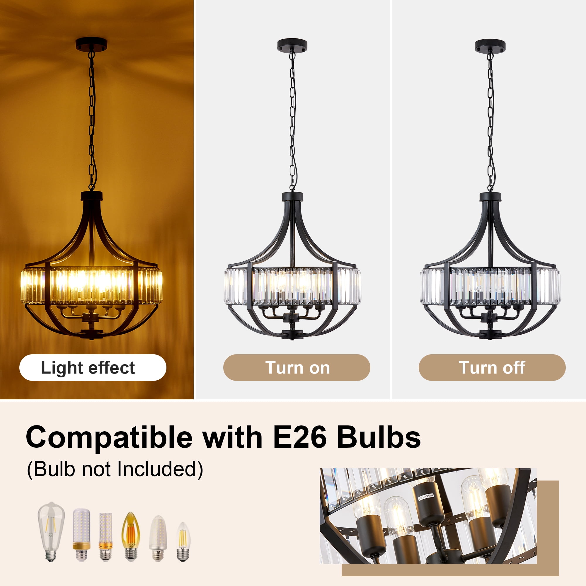 Leumius Modern Farmhouse Crystal Chandeliers, 5-Light Black Antique Pendant Chandelier, Contemporary Hanging Light Fixture for Living Room Bedroom Foyer Kitchen Island Entryway
