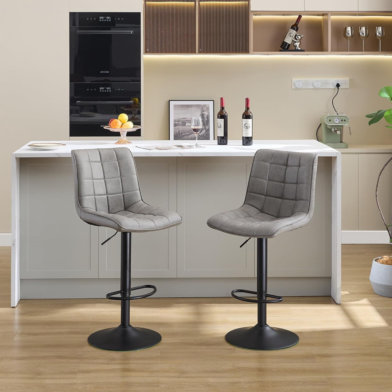 FIRAVOE Bar Stools Set of 2, Swivel Bar Height Bar Stools with Back (Adjustable 24"-33") Faux Leather Barstools Bar Chairs for Kitchen Island, Gray