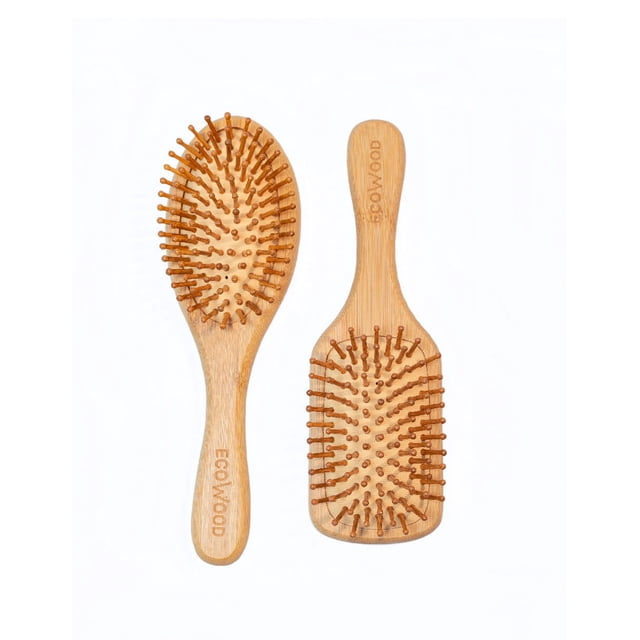 Set de 2 Cepillos Medianos para Cabello Ecowood de Bambú con Punta Redonda y Punta Cuadrada Ecowood Set cepillo cabello ovalado y cuadrado medianos