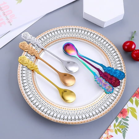 

Meizhencang Coffee Spoon Rose Design Handle Dessert Stainless Steel Stirring Teaspoon Tableware for Kitchen