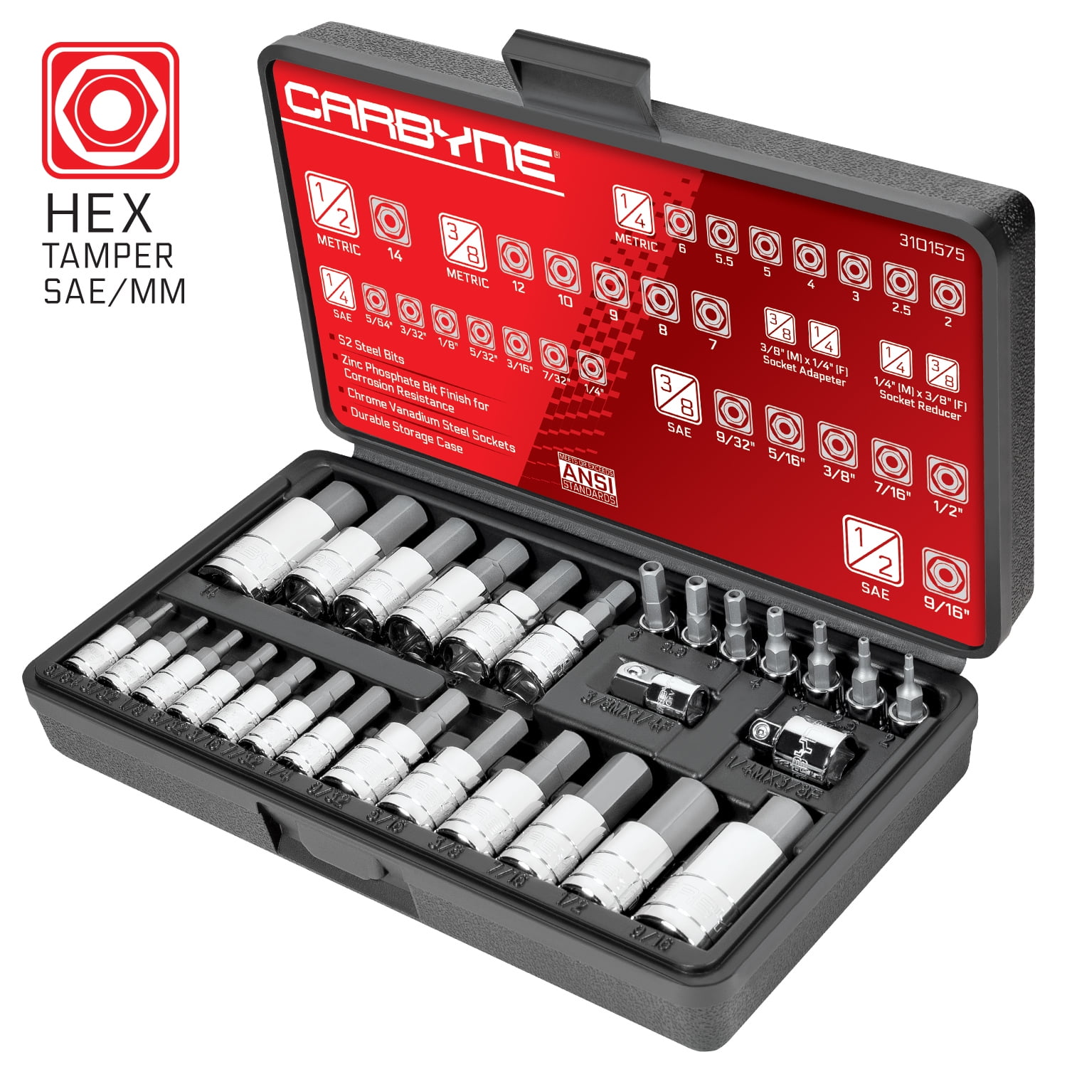 Carbyne 28 Piece TamperProof Hex Bit Socket Set SAE & Metric, S2