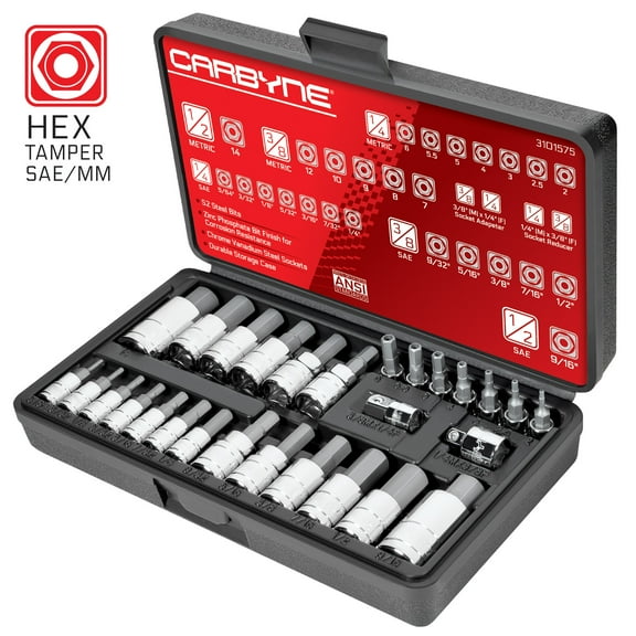 CARBYNE 28 Piece Tamper-Proof Hex Bit Socket Set - SAE & Metric, S2 Steel Bits, Zinc Phosphate Bit Finish, Chrome Vanadium Steel Sockets, 1/4", 3/8" & 1/2" Dr. with Durable Storage Case
