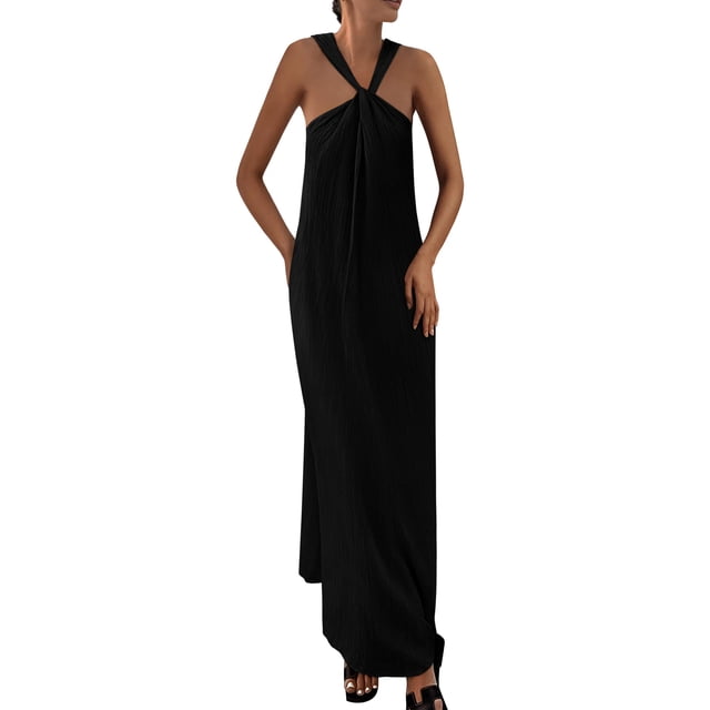 Vestido de verano PRETTYGARDEN 2025 para mujer sin mangas maxi negro