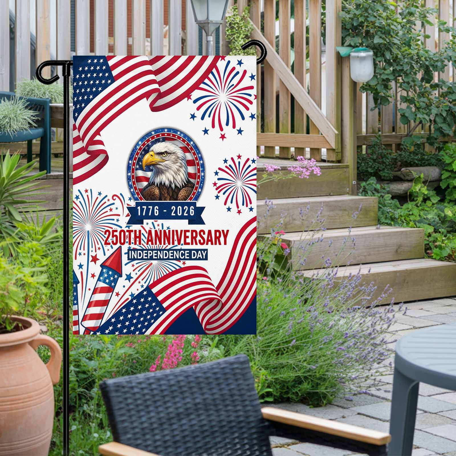 4th of July Garden Flags 250th Anniversary Garden Flag Double Sided Welcome Flag Eagle Fireworks USA Flag Independence Day Yard Flags for Outdoor Lawn Porch Memorial Day Holiday Decor 28x40 Inch