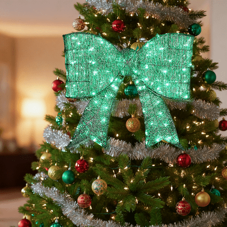 28.3in Pre-Lit Outdoor Christmas Bowknot, 124 Warm White LEDs, Sparkling Tinsel Fabric, Collapsible for Indoor/Outdoor Use