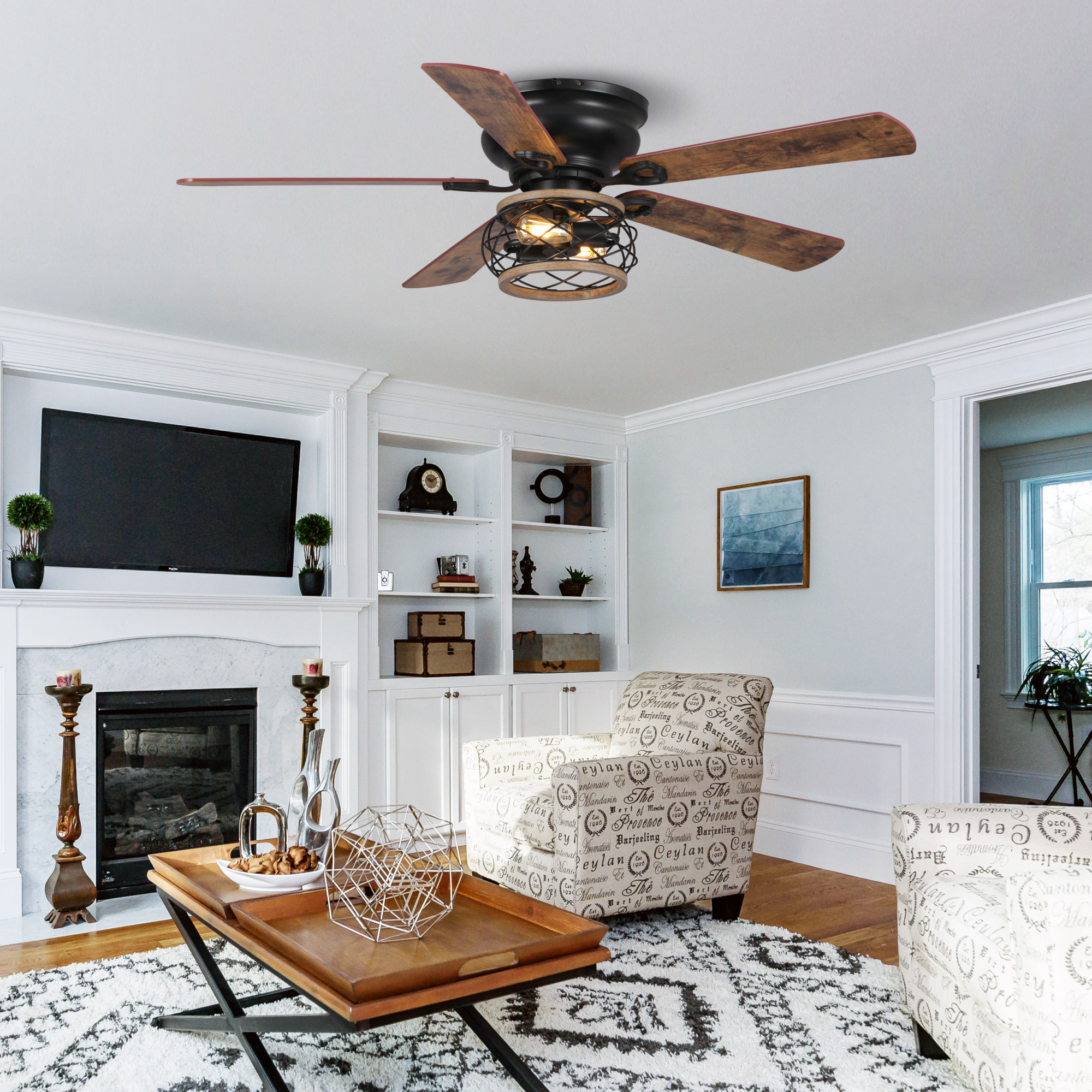 48" Farmhouse Black 5 Reversible Blades Flush Mount Ceiling Fan with Light and Remote Control