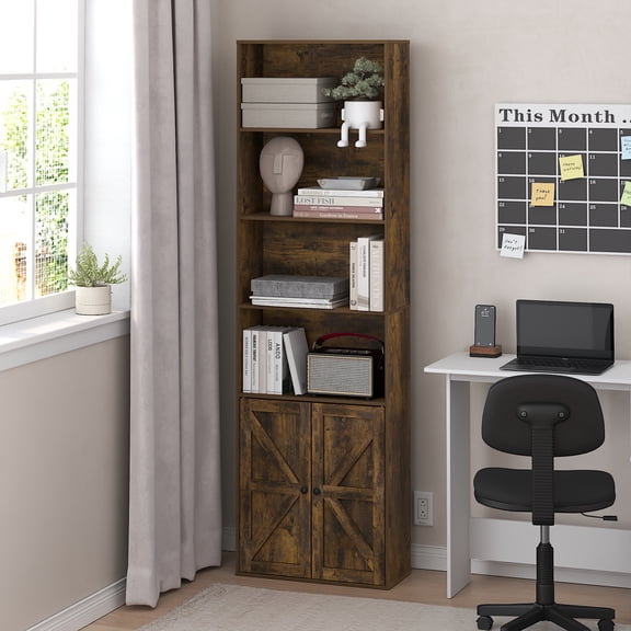 Furinno Jensen Farmhouse 6-Shelf Display Bookcase, Bookshelf with Doors, Amber Pine