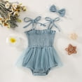 thumbnail image 2 of LIIPEE Girls Romper Summer Sleeveless Solid Color Mesh Jumpsuit With Bow Headband Baby Toddler Elegant Comfortable Bodysuit Breathable Soft Cute Daily One-Pieces,Green,6-12 Months, 2 of 7