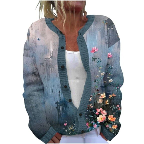 ZQUUVOU Women's Shirts Casual Floral Printed Knitted Cardigan Button Up Jacket (Multicolor,2XL)