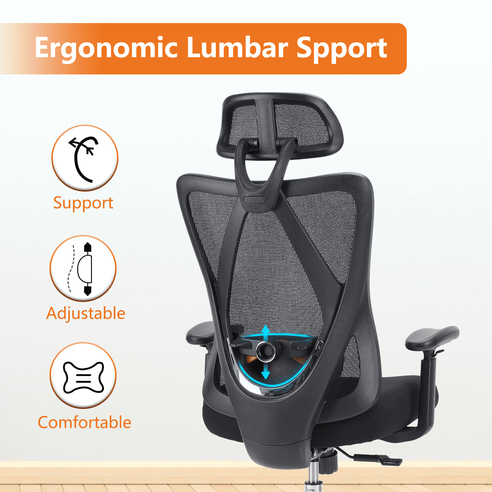 GIANNA Computer Desk Chair, Ergonomic Chair with Adjustable Headrest, 2D Armrests, Lumbar Support, Mesh Gaming Chair for Home Office, Black