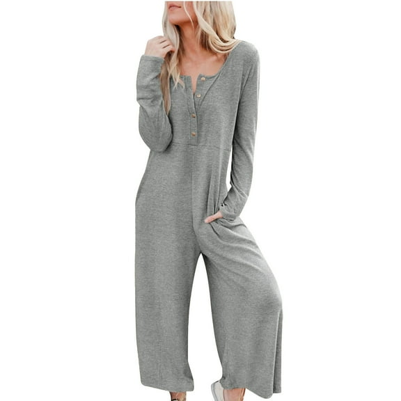 Jumpsuits for Women Casual Womens Casual Button Long Sleeved Color Wide-Leg Jumpsuits Lady Jumpsuit Womens Jumpsuits Casual