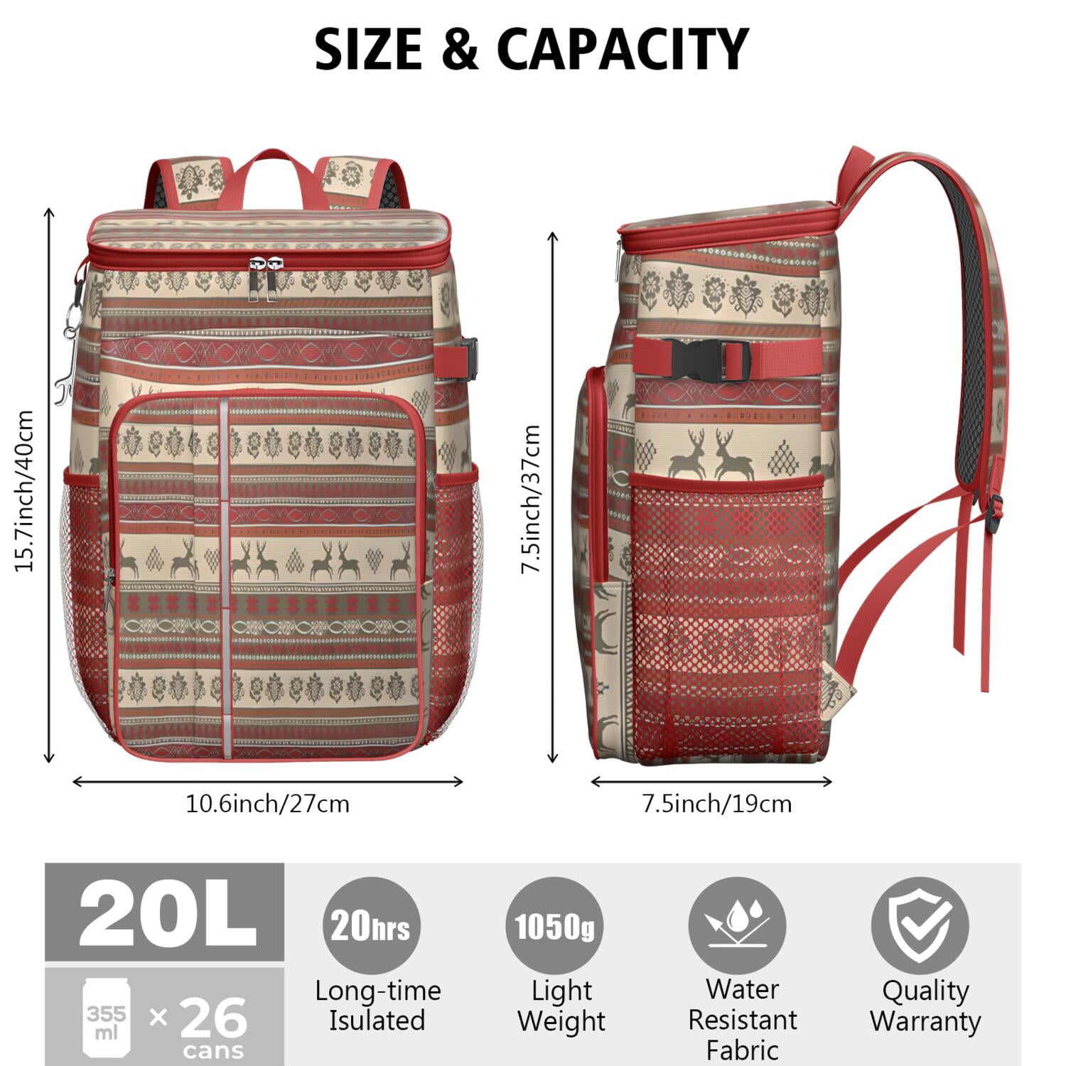 Travel Cooler Bag - Red and Brown Christmas Pattern Camping Beer Cooler Backpack with Bottle Opener- Waterproof Insulated Picnic Backpacks - Cooler Bag for Beach