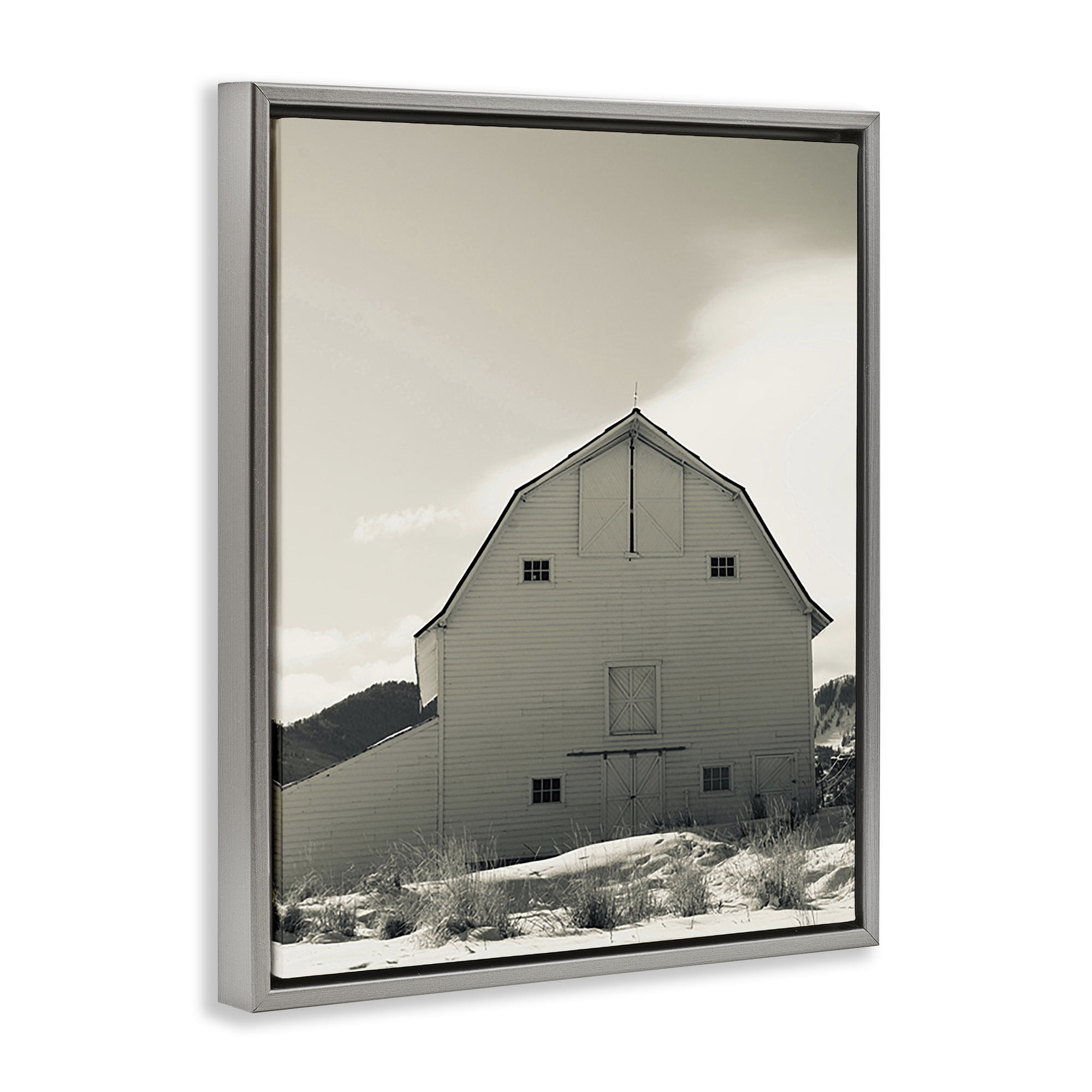 Stupell Industries Monochromatic Winter Barn Nautical & Beach Photography Gray Floater Framed Canvas Art Print Wall Art, 17 x 21