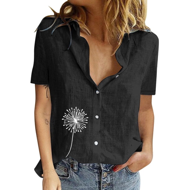 Gibobby Playera de Manga Corta con Cuello Redondo Algodón Lino Casual Suelto Personalidad Impreso Solapa Botón Manga Corta(Negro,CH)