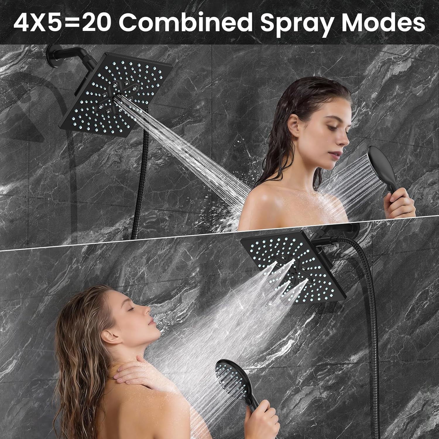 High Pressure Rain Shower Head with Multi-Functions, Square Rainfall Shower Heads with 5-Mode Handheld Spray Combo, Detachable Hand Held Showerhead with Hose, Double Regaderas Para