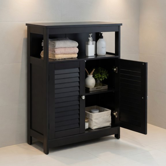 Topcobe Wood Freestanding Bathroom Storage Cabinet with Double Shutter Door, Bathroom Furniture, Bathroom Cabinet Organizer, Black