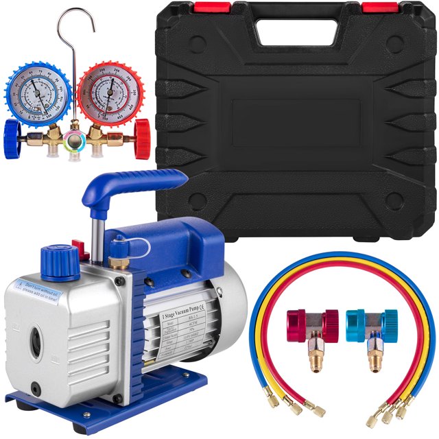 KFFKFF 4CFM Vacuum Pump, 1/4HP, for HVAC A/C Refrigeration - Single Stage Rotary Vane with 1 Valve AC Gauge Set
