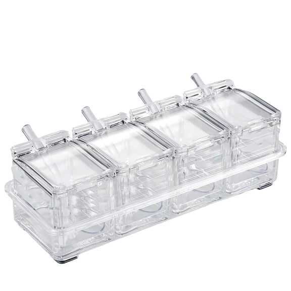 Clear Seasoning Container Set – 4 Compartment Spice Organizer with Lid for Kitchen Counter – White Base, Portable Storage for Salt, Pepper, Herbs