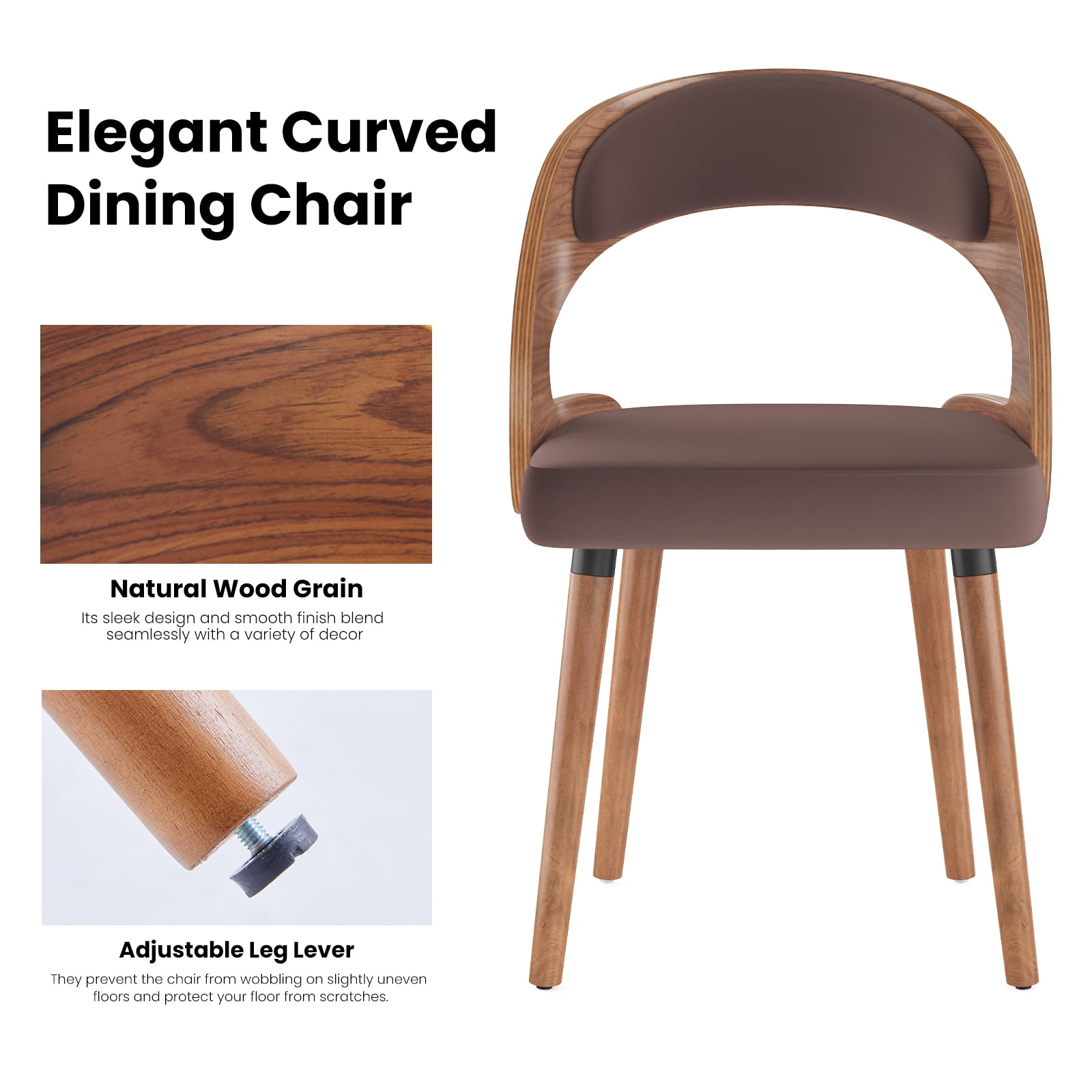 Farini Set of 4 Wood Dining Chairs with Curved Backrest for Kitchen Dining Room, Dark Brown
