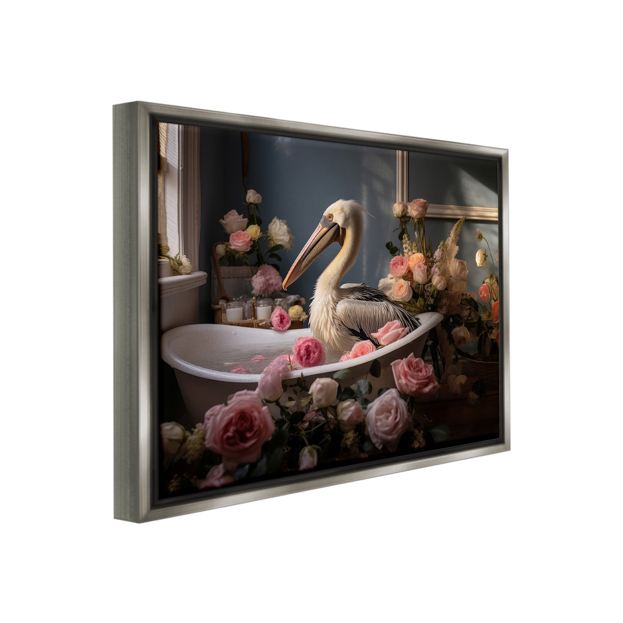 Stupell Industries Pelican in Rose Filled Tub Animals & Insects Painting Gray Floater Framed Canvas Art Print Wall Art, 31 x 25