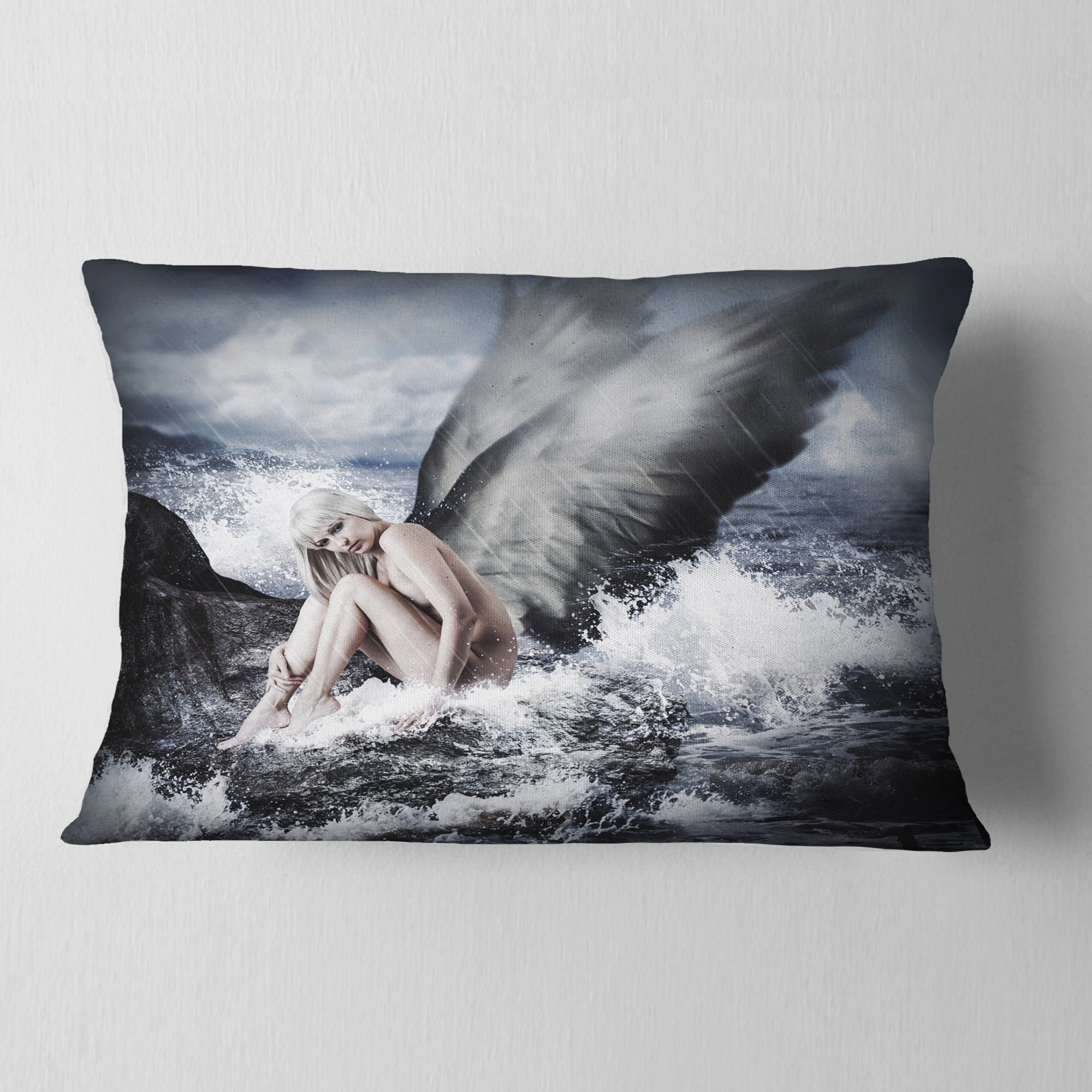 Designart Angel Resting By Crashing Waves - Abstract Throw Pillow - 12x20