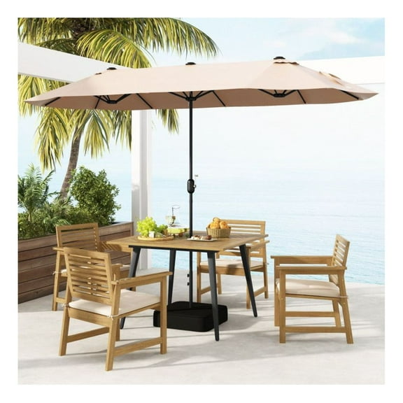 4-Person Acacia Wood Dining Table, Outdoor Patio Table with Umbrella Hole, Metal Frame, Garden Backyard Deck Furniture, Natural & Black, 42.5" x 42.5"