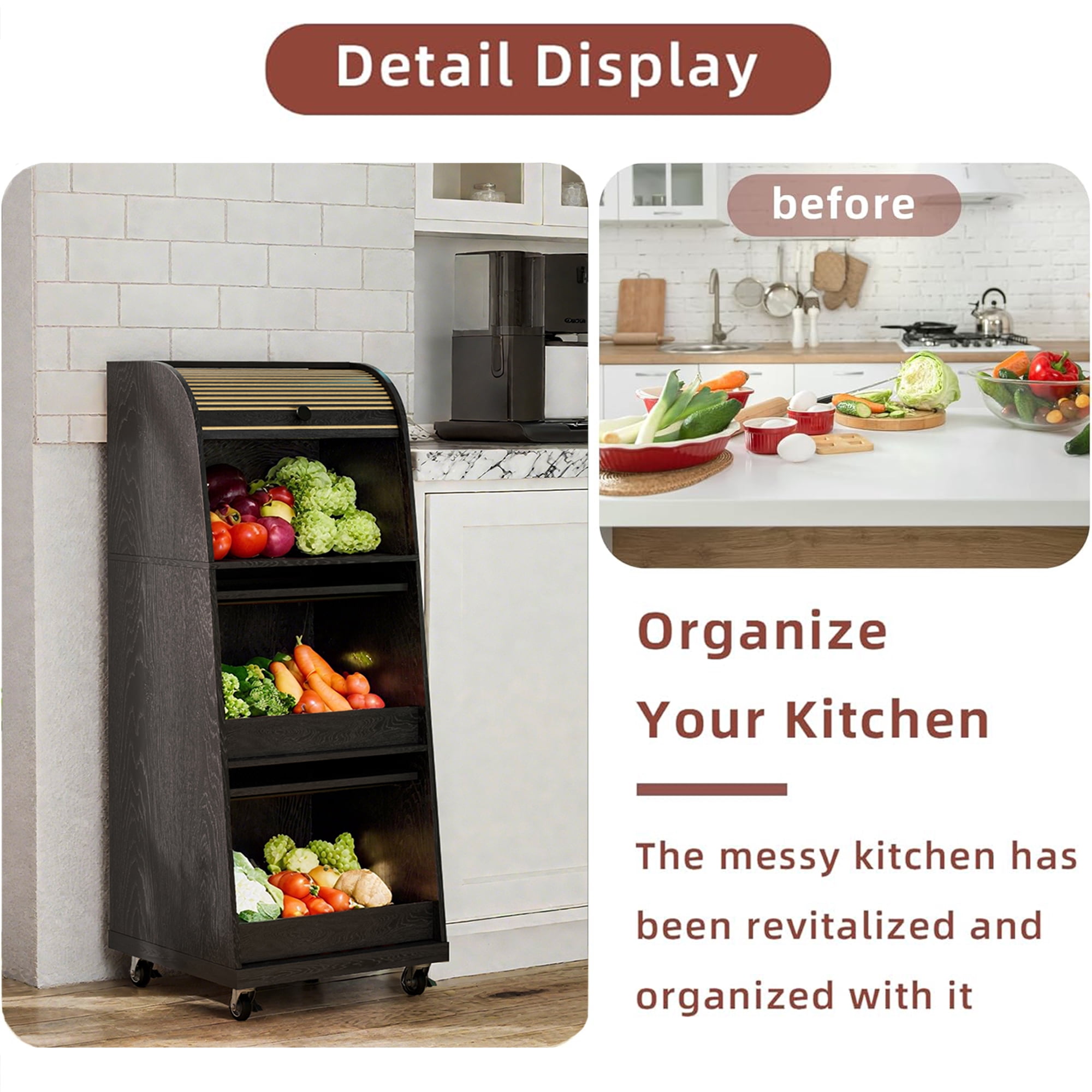 Onion and Potato Storage Bin Box, Movable Potato Bins with Sliding Door, Farmhouse Kitchen Pantry Cabinet