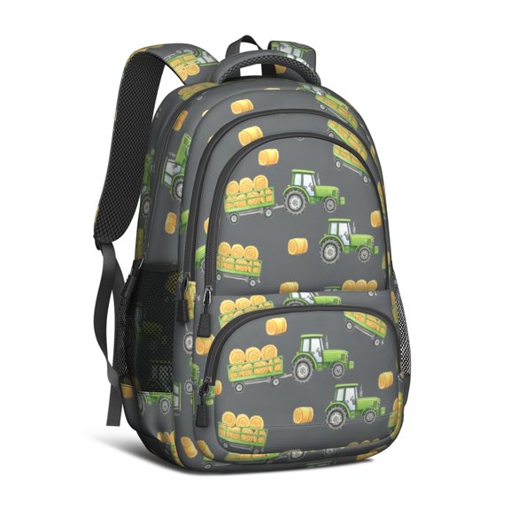 Tractor and Haybales Gray Pattern Backpack for School, Cute School Bag with Adjustable Shoulder Straps and Padded Back, 16.9"x12.6"x5.9"