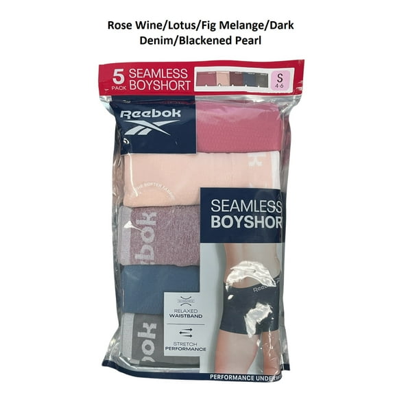 Reebok Ladies 5 Pack Relaxed Waistband Stretch Seamless Boyshorts (Rose Wine/Lotus/Fig Melange/Dark Denim/Blackened Pearl, XL (16-18))