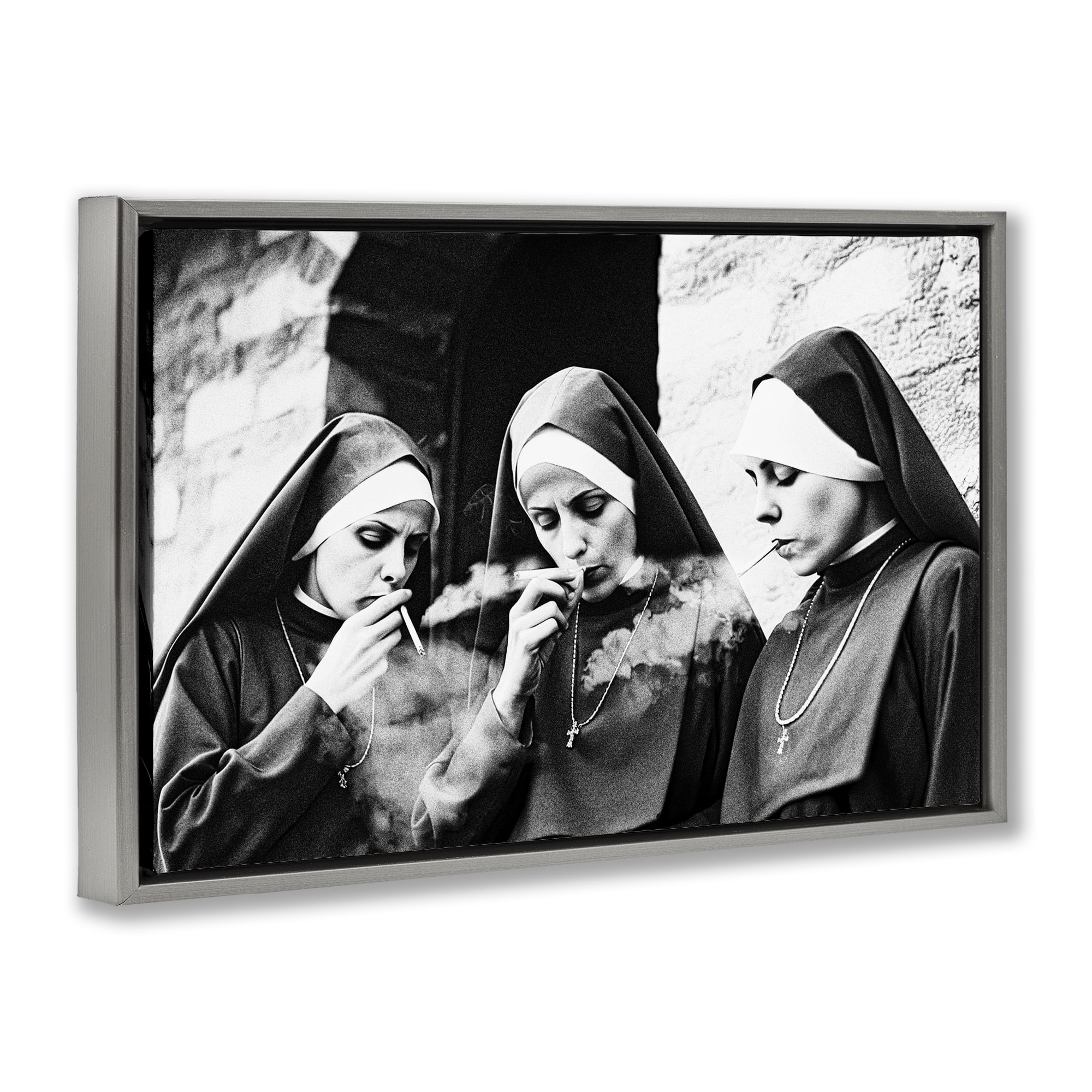 Smoking Nuns Rebellion Gray Framed Floater Canvas Wall Art, design by Decent Exposures