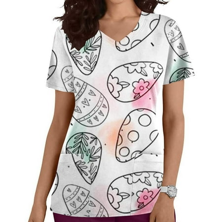 

LSLJS Women Easter Nursing Scrubs Top Egg Rabbits Print T Shirt V-Neck Working Uniform Workwear Pocket Tops on Clearance