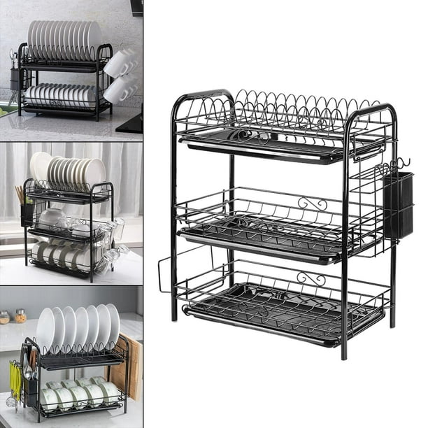 Tendero de secado de platos, de material acero al carbono resistente a la hilera, escurridor de platos de tazón con bandeja de tablero de drenaje, soport 3 nivel DYNWAVEMX Estante de secado para platos