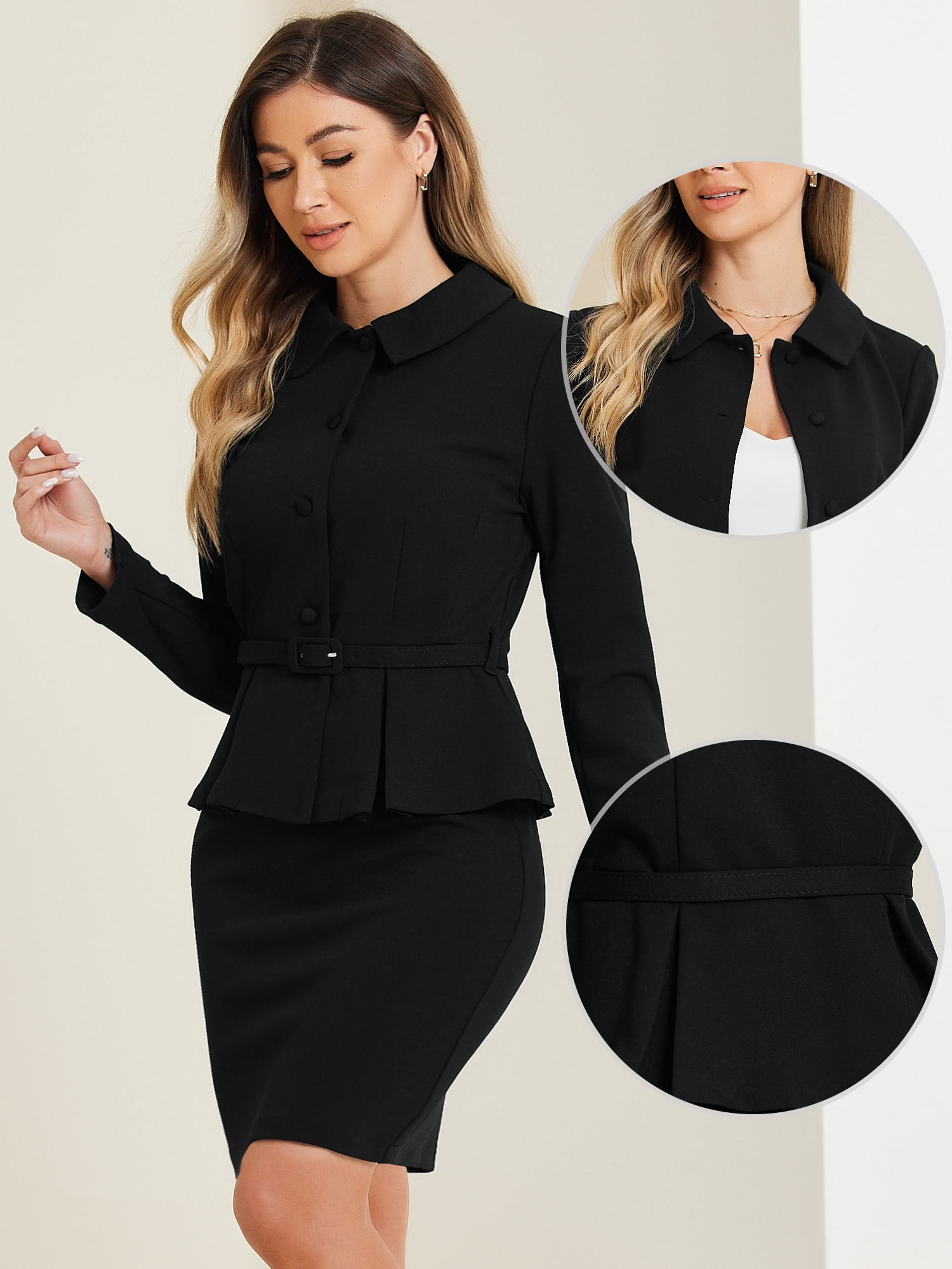 DARING DIVA 2Pcs Women's Business Peplum Blazer Jacket Mini Pencil Skirt Set M Black